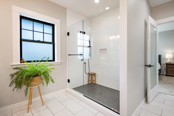 Interior,Bathroom,With,Sinks,Glass,Shower,Bath,Tub,Countertops,White